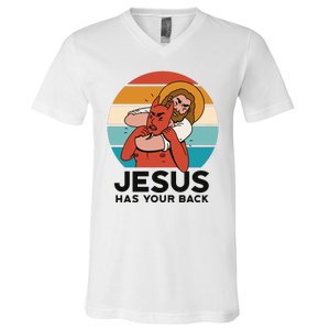 Jesus Has Your Back Fighting Devil Retro Sunset V-Neck T-Shirt