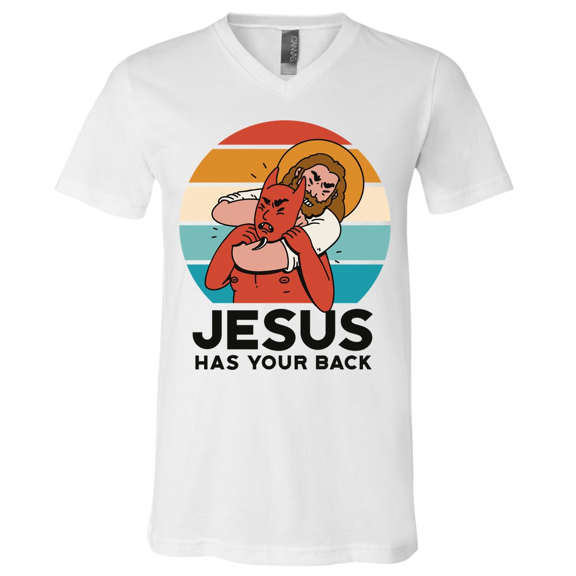 Jesus Has Your Back Fighting Devil Retro Sunset V-Neck T-Shirt