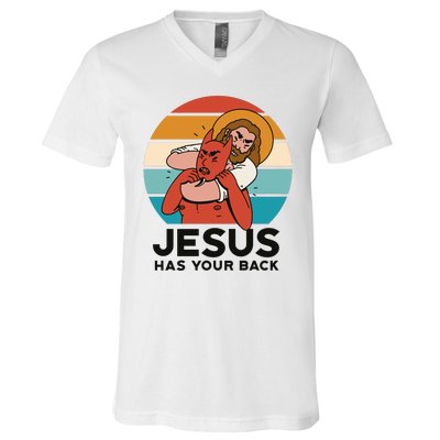 Jesus Has Your Back Fighting Devil Retro Sunset V-Neck T-Shirt