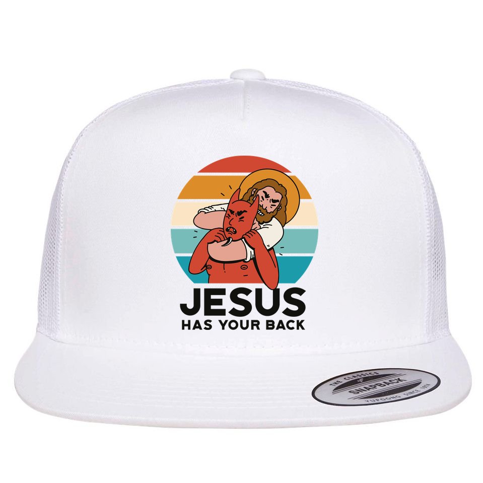 Jesus Has Your Back Fighting Devil Retro Sunset Flat Bill Trucker Hat