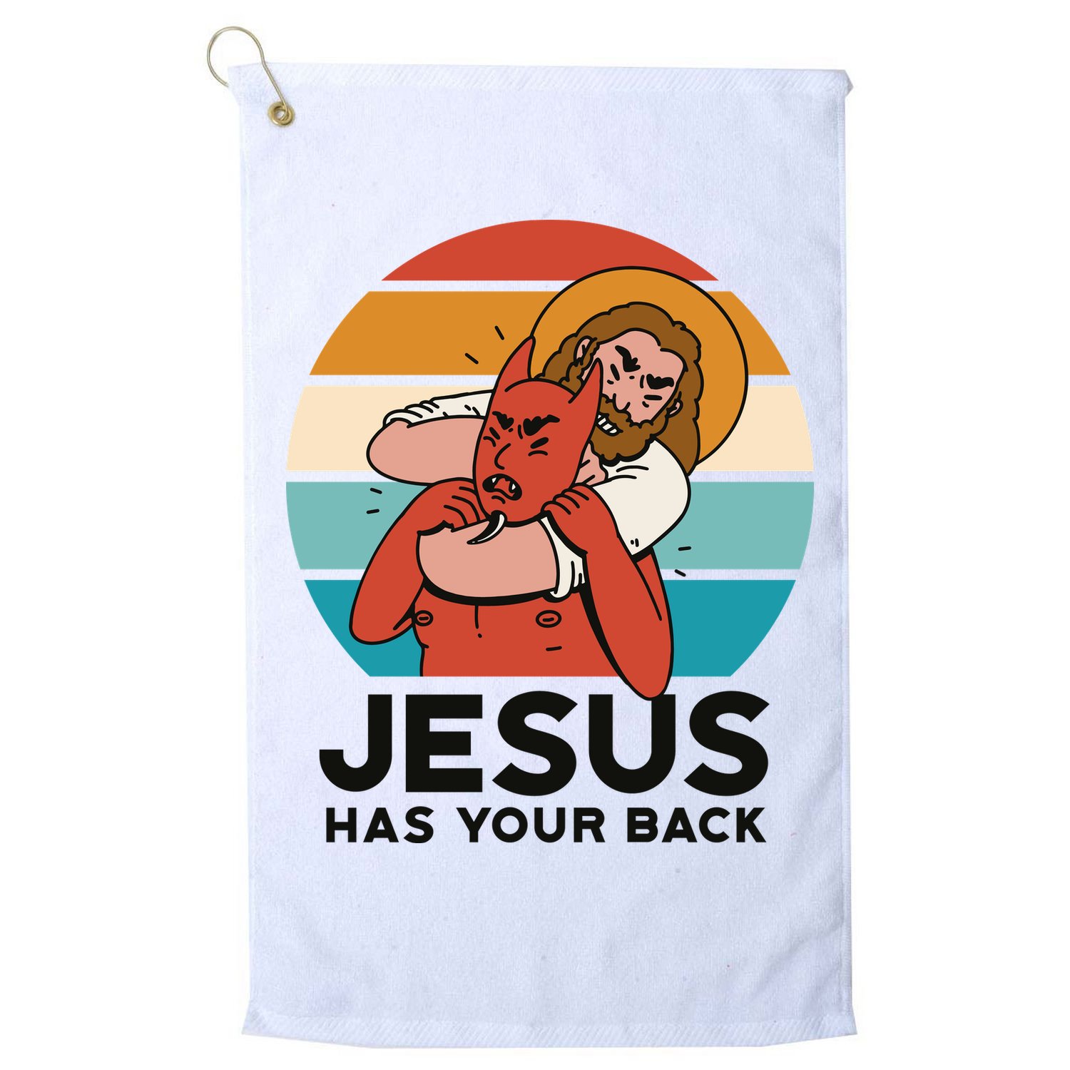 Jesus Has Your Back Fighting Devil Retro Sunset Golf Towel