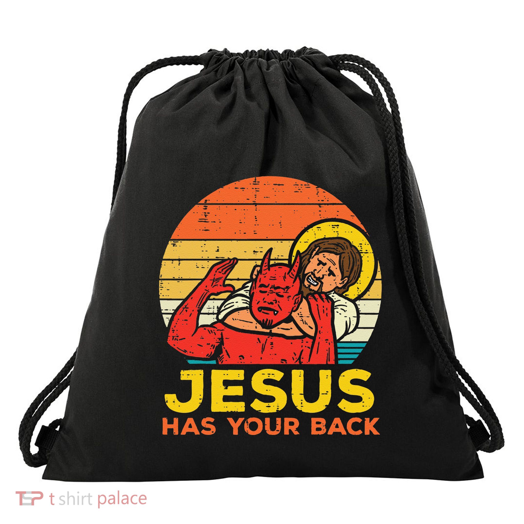Jesus Has Your Back Jiu Jitsu Retro Christian Drawstring Bag