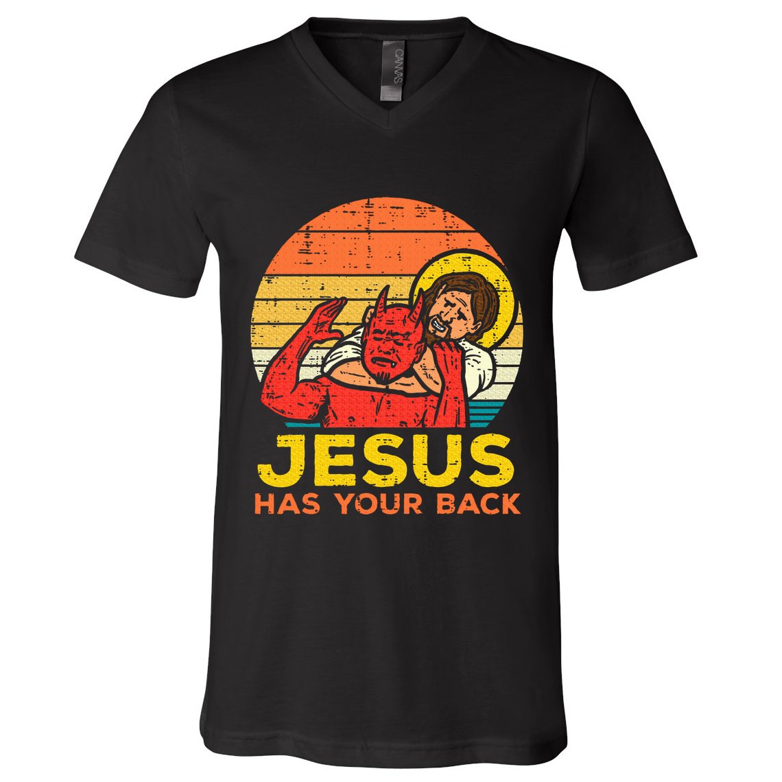 Jesus Has Your Back Jiu Jitsu Retro Christian V-Neck T-Shirt