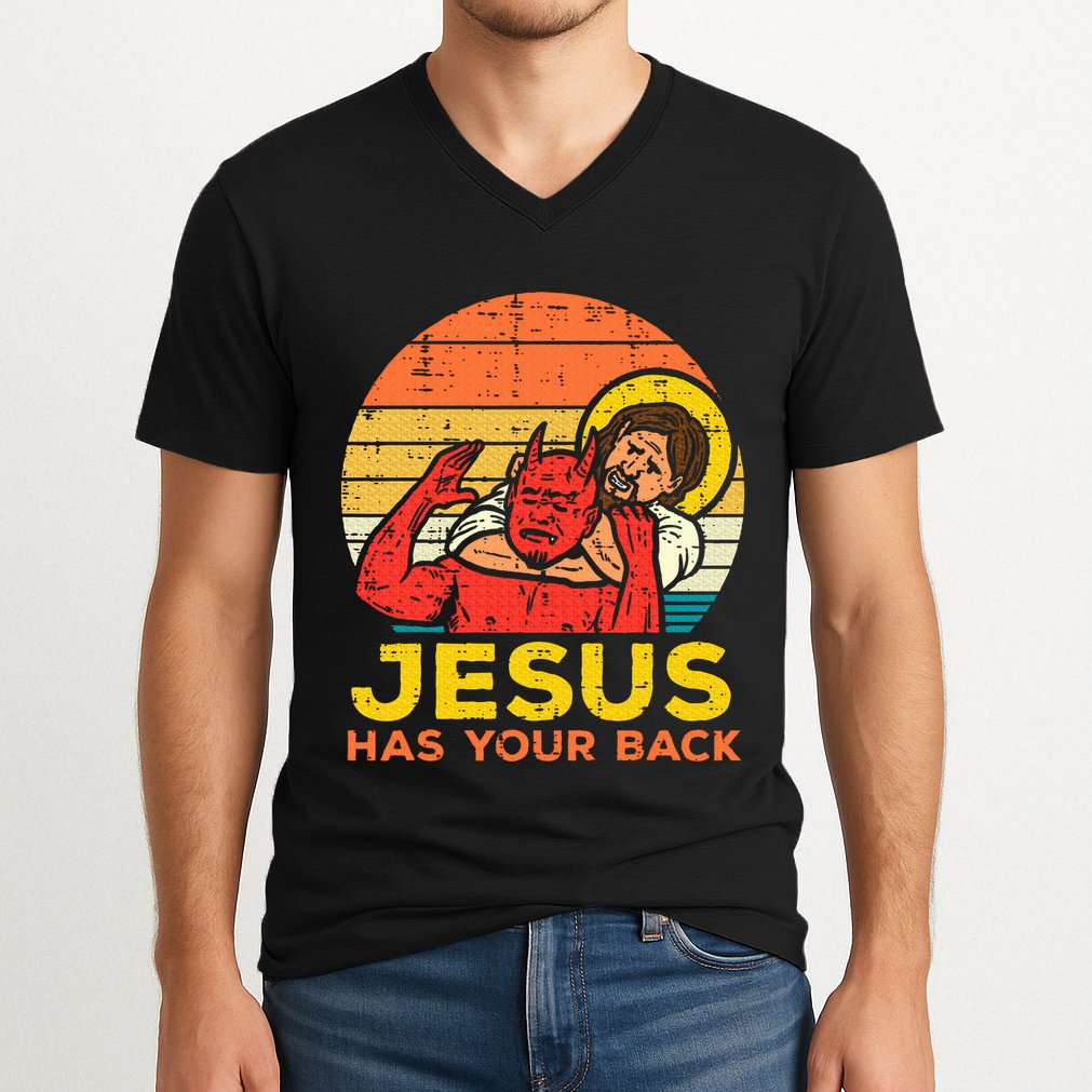 Jesus Has Your Back Jiu Jitsu Retro Christian V-Neck T-Shirt