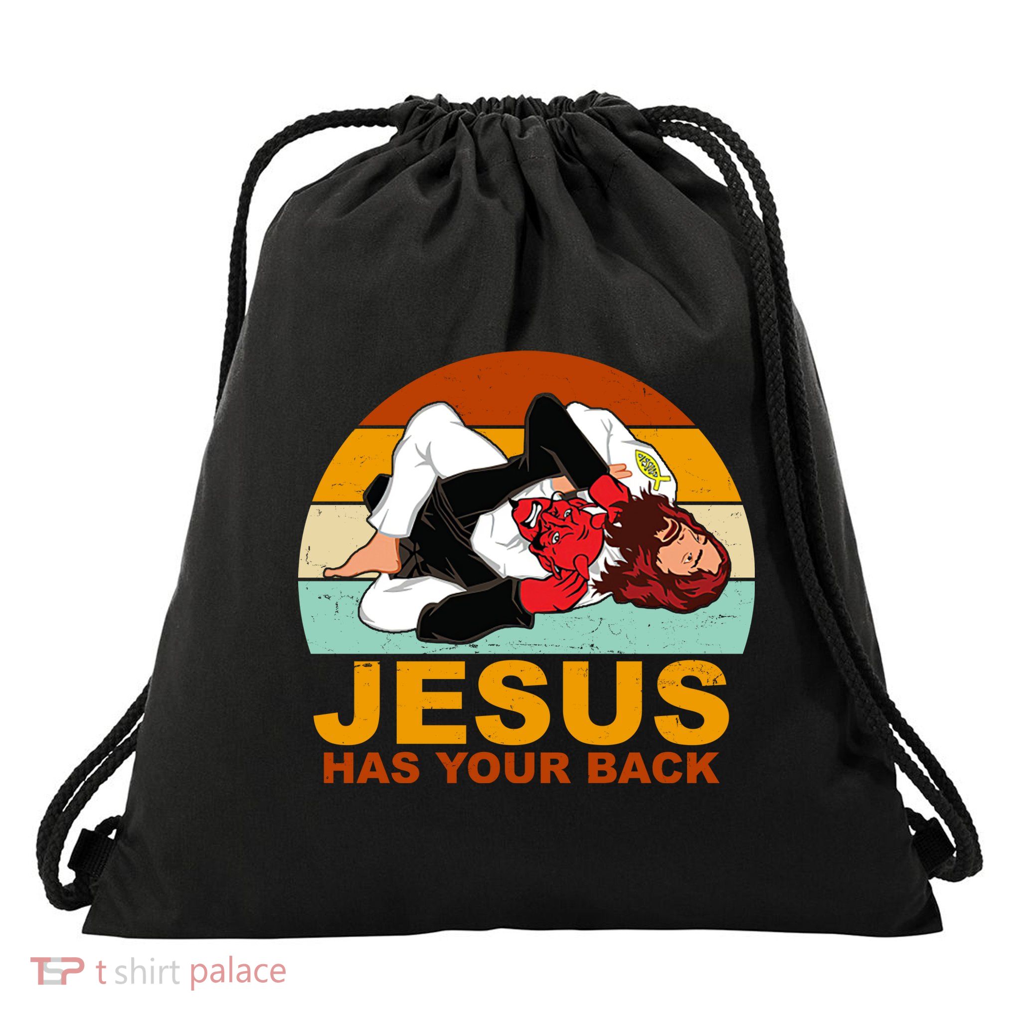 Jesus Has Your Back Fighting Devil Drawstring Bag