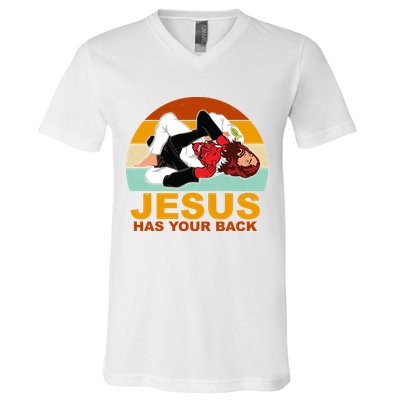 Jesus Has Your Back Fighting Devil V-Neck T-Shirt