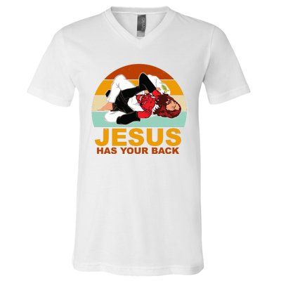 Jesus Has Your Back Fighting Devil V-Neck T-Shirt