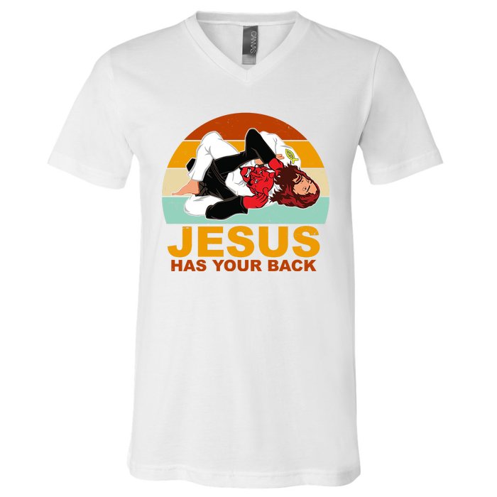 Jesus Has Your Back Fighting Devil V-Neck T-Shirt