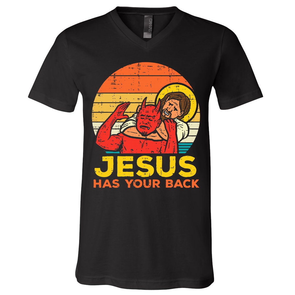 Jesus Has Your Back Jiu Jitsu Retro Christian V-Neck T-Shirt