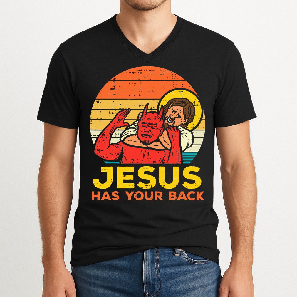 Jesus Has Your Back Jiu Jitsu Retro Christian V-Neck T-Shirt