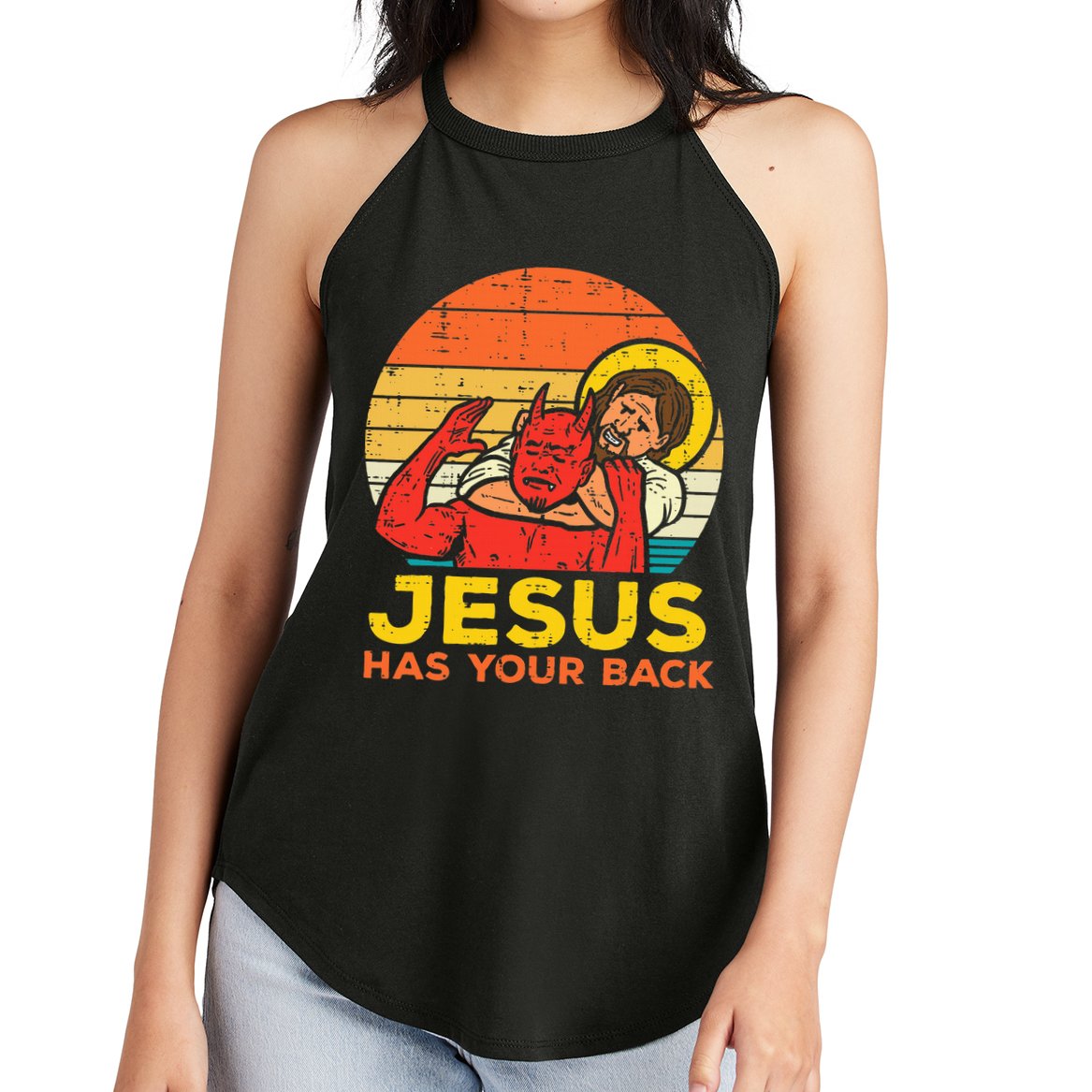 Jesus Has Your Back Jiu Jitsu Retro Christian Women's Perfect Tri Rocker Tank