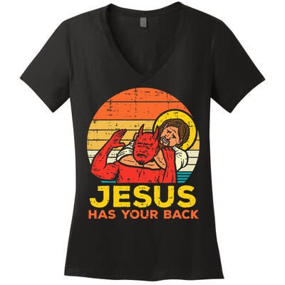 Jesus Has Your Back Jiu Jitsu Retro Christian Women's V-Neck T-Shirt