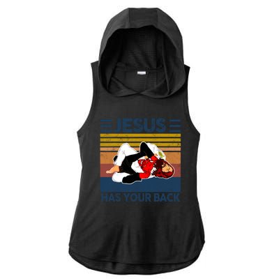 Jesus Has Your Back Vintage JIU JITSU Funny Satan Finished Ladies PosiCharge Tri-Blend Wicking Draft Hoodie Tank