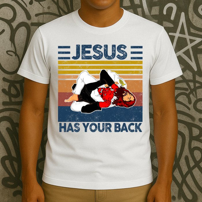 Jesus Has Your Back Vintage JIU JITSU Funny Satan Finished T-Shirt