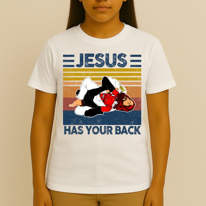 Jesus Has Your Back Vintage JIU JITSU Funny Satan Finished T-Shirt