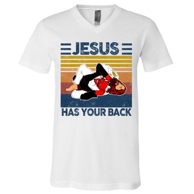 Jesus Has Your Back Vintage JIU JITSU Funny Satan Finished V-Neck T-Shirt