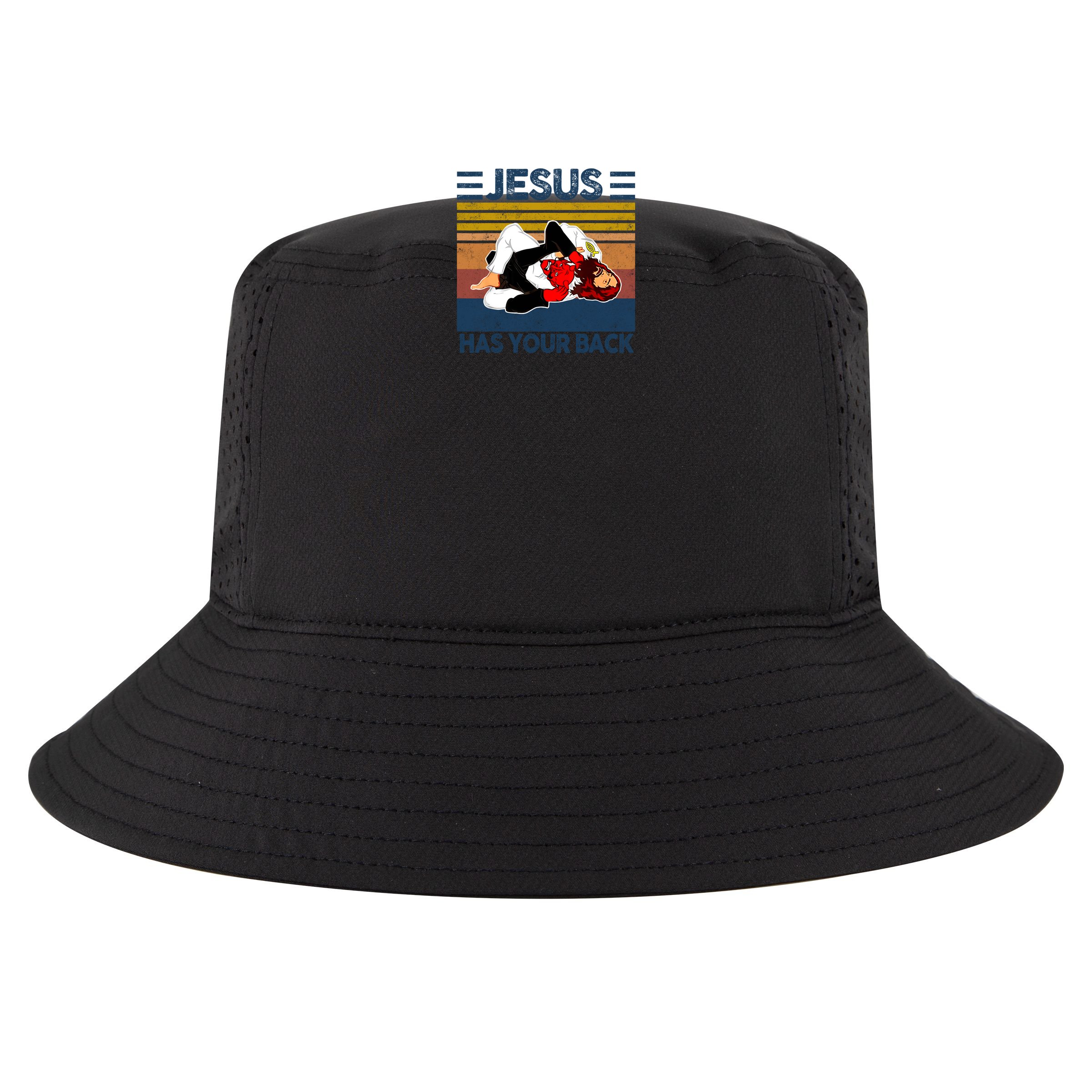 Jesus Has Your Back Vintage JIU JITSU Funny Satan Finished Bucket Hat