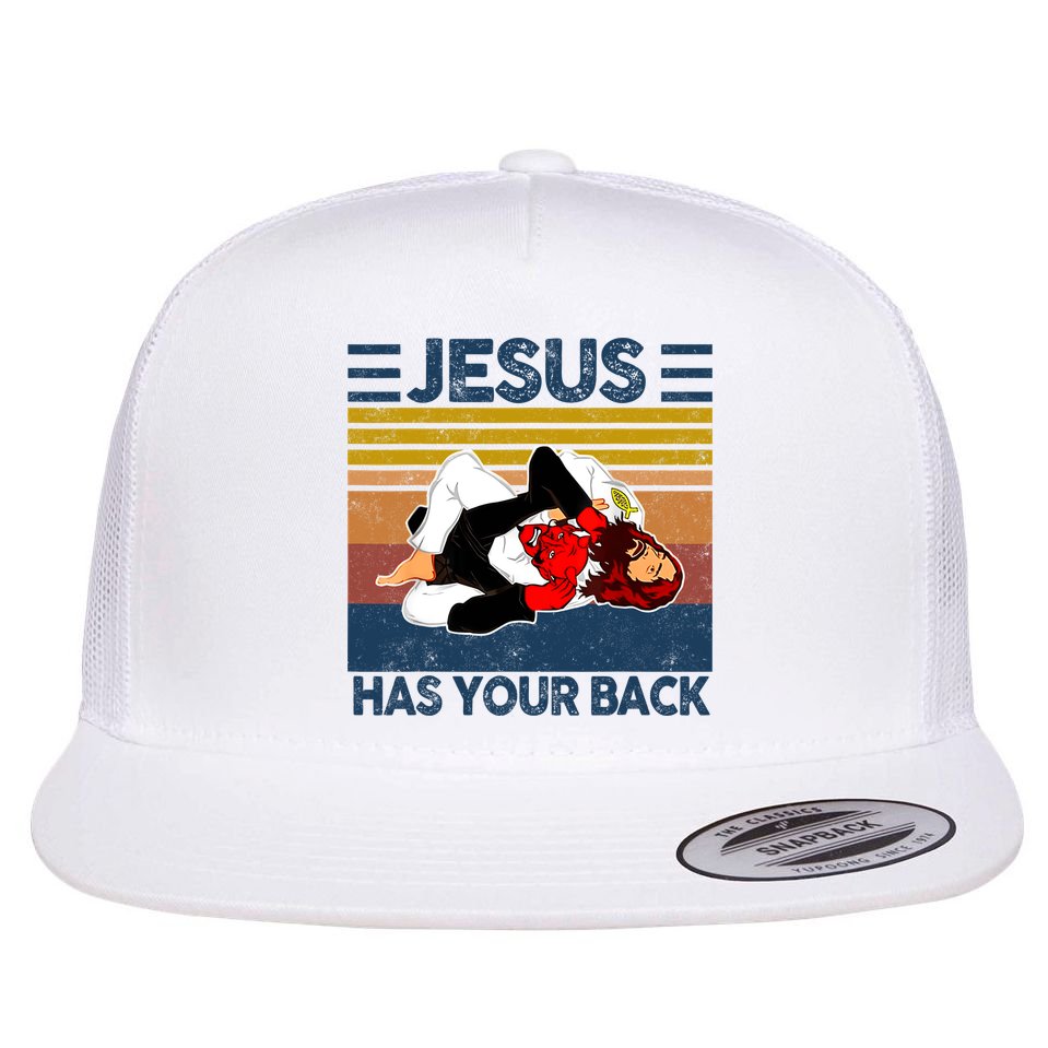 Jesus Has Your Back Vintage JIU JITSU Funny Satan Finished Flat Bill Trucker Hat
