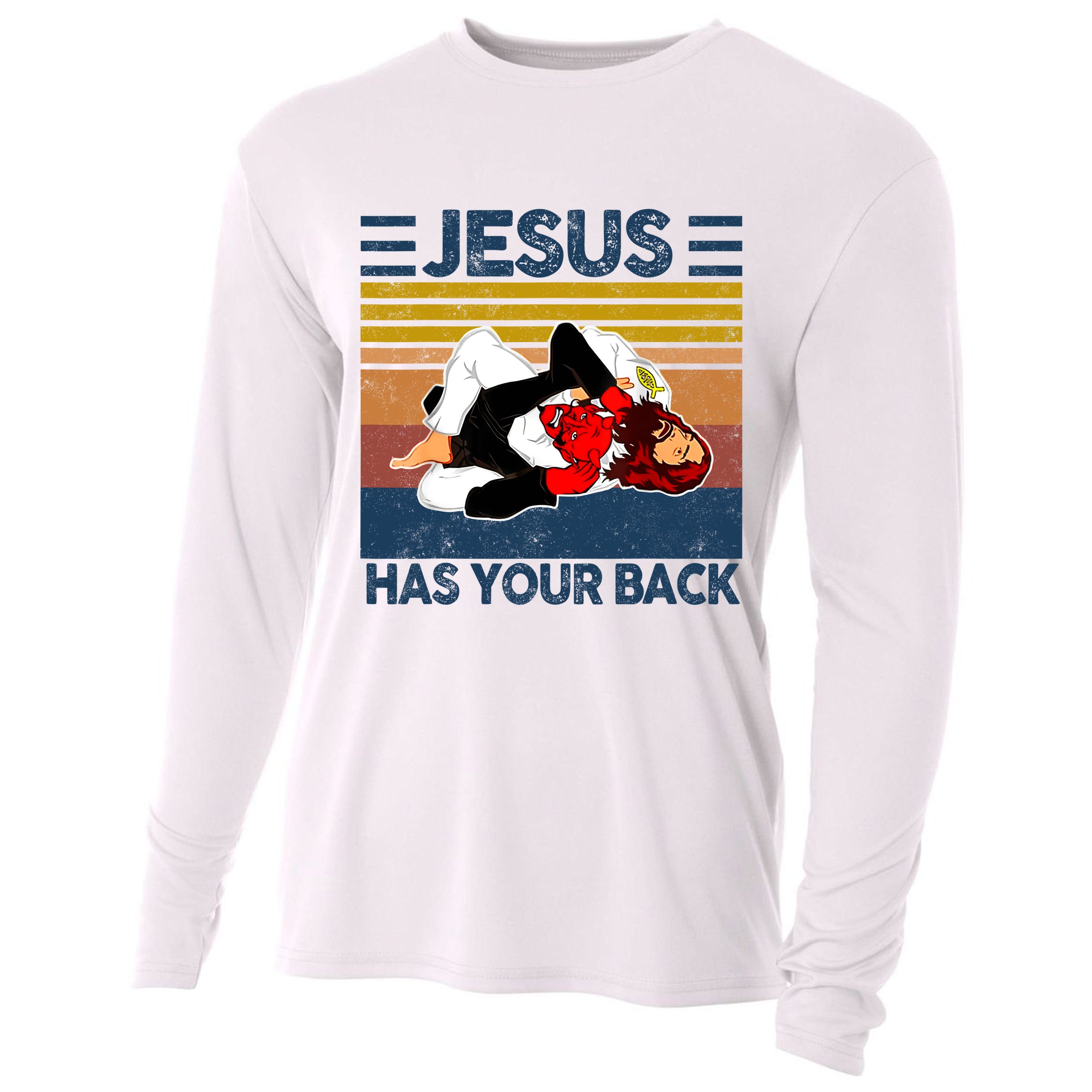 Jesus Has Your Back Vintage JIU JITSU Funny Satan Finished Cooling Performance Long Sleeve Crew