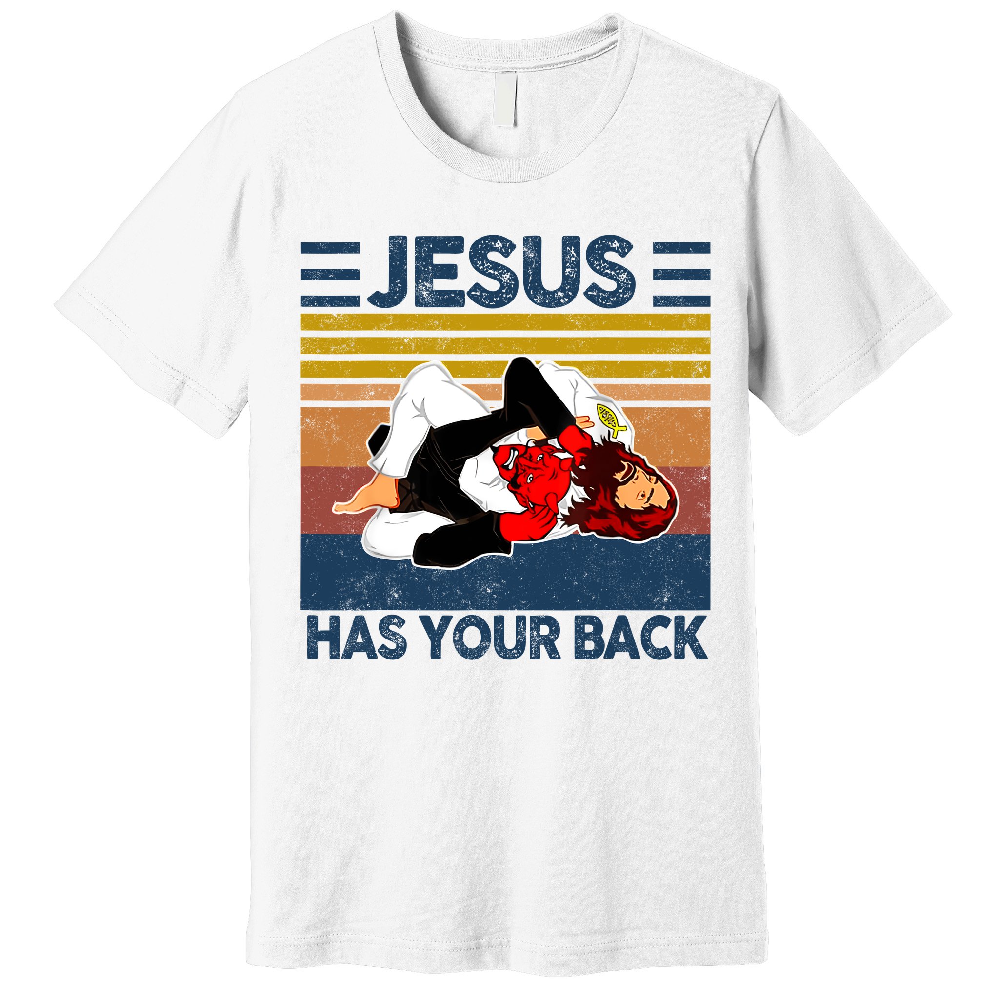 Jesus Has Your Back Vintage JIU JITSU Funny Satan Finished Premium T-Shirt