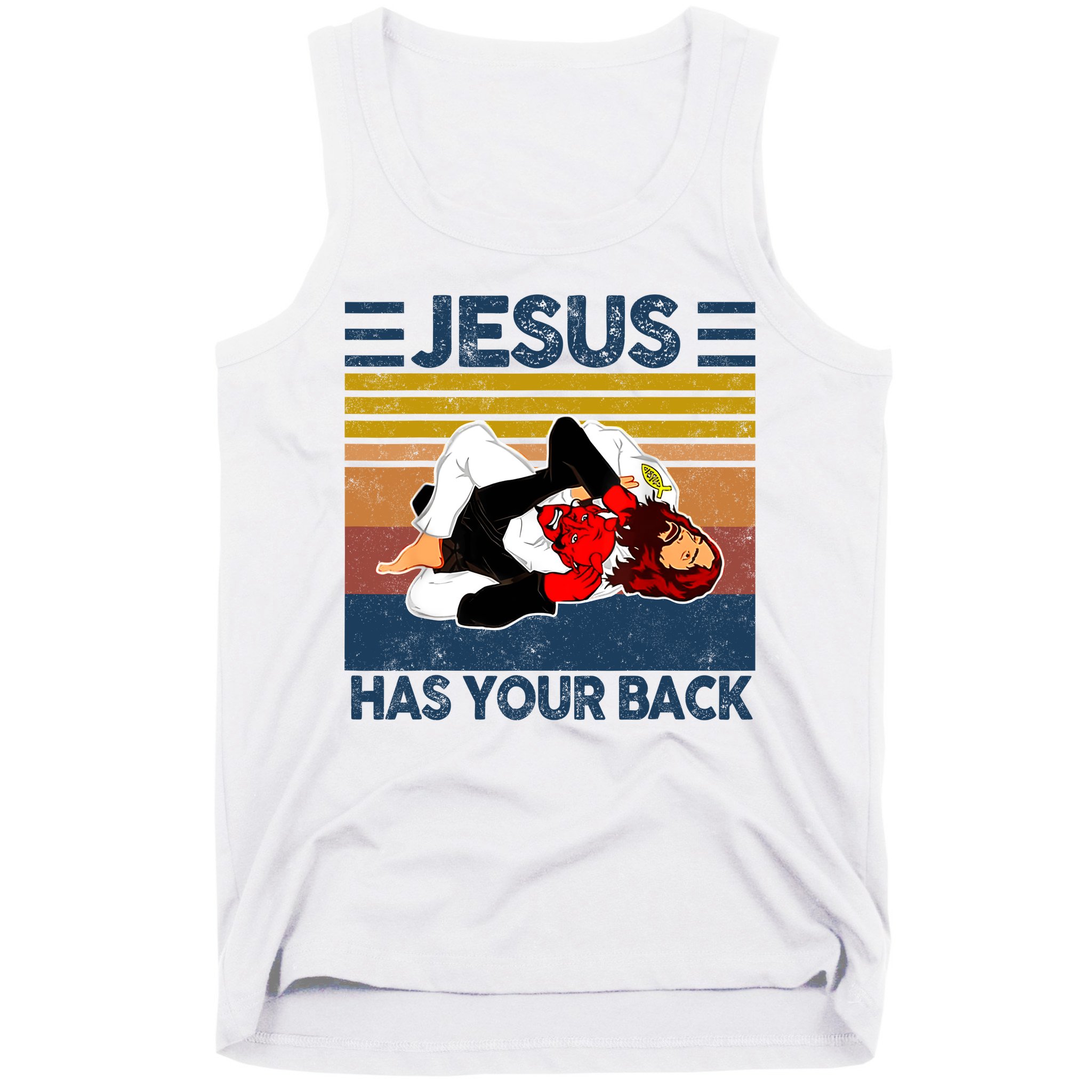 Jesus Has Your Back Vintage JIU JITSU Funny Satan Finished Tank Top