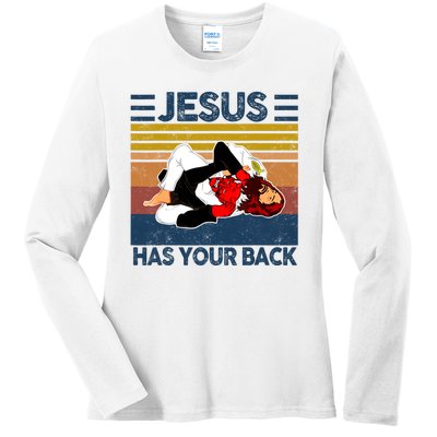 Jesus Has Your Back Vintage JIU JITSU Funny Satan Finished Ladies Long Sleeve Shirt