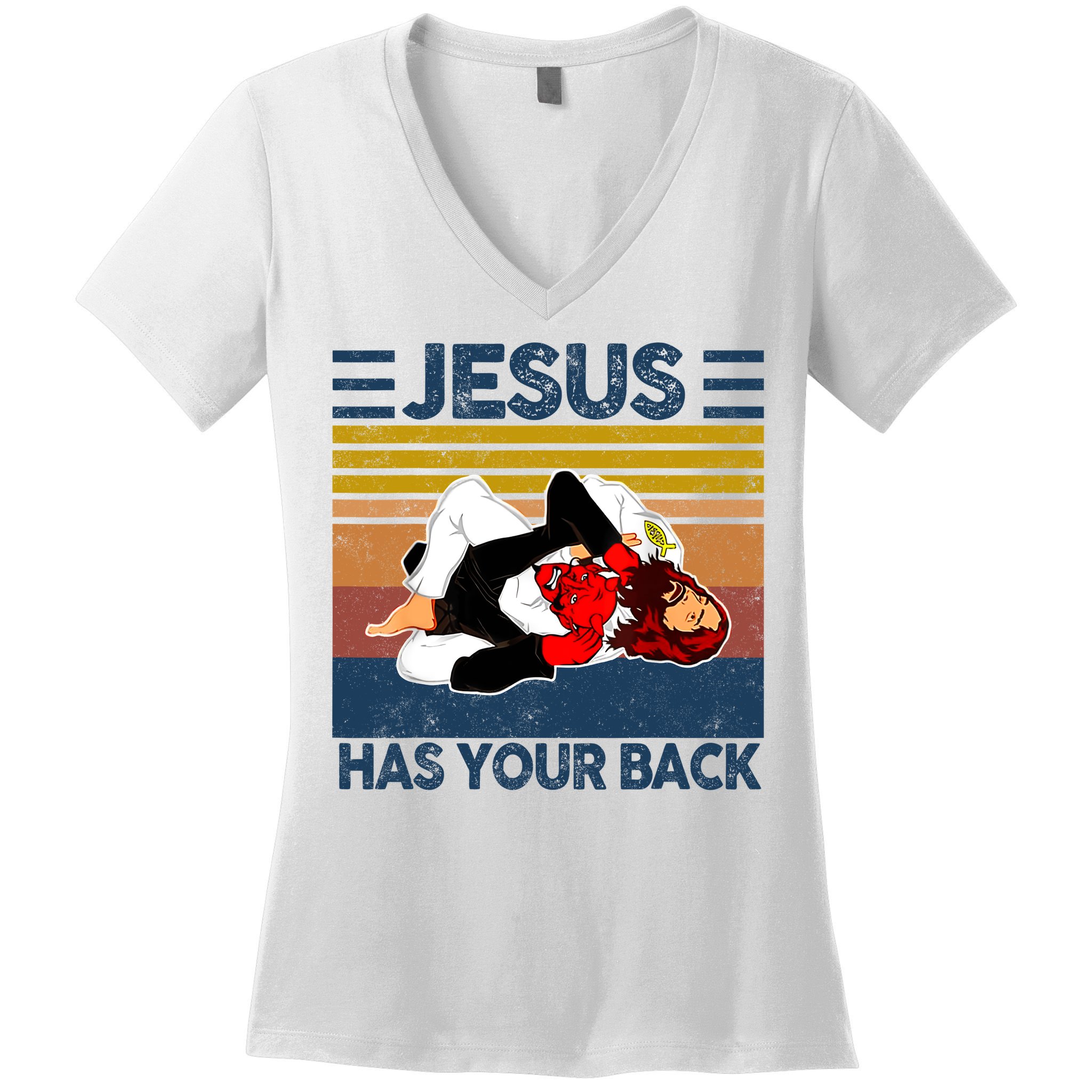 Jesus Has Your Back Vintage JIU JITSU Funny Satan Finished Women's V-Neck T-Shirt
