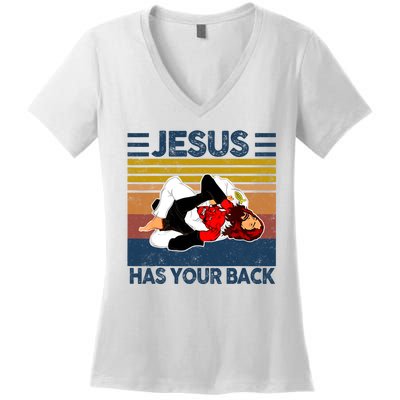 Jesus Has Your Back Vintage JIU JITSU Funny Satan Finished Women's V-Neck T-Shirt