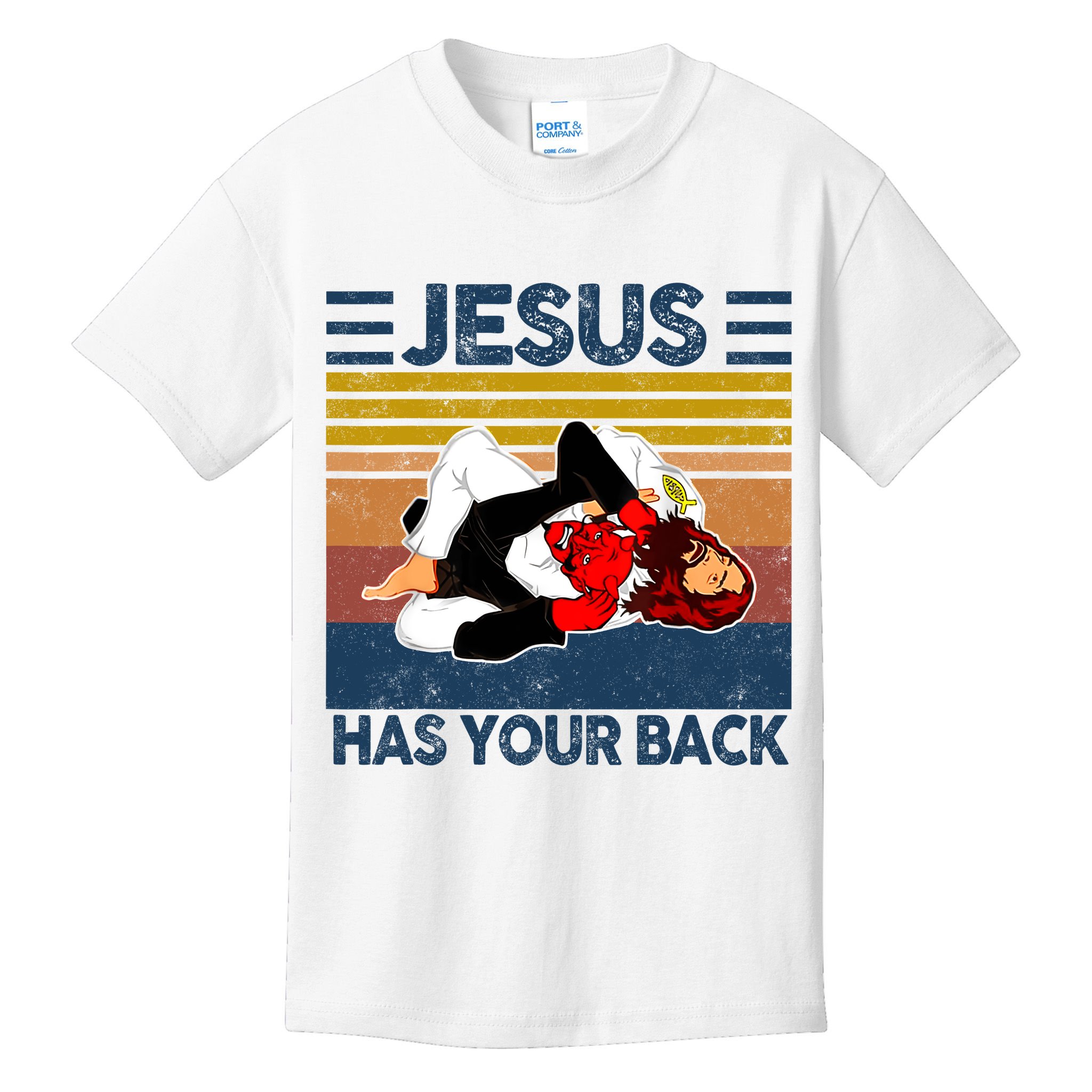 Jesus Has Your Back Vintage JIU JITSU Funny Satan Finished Kids T-Shirt