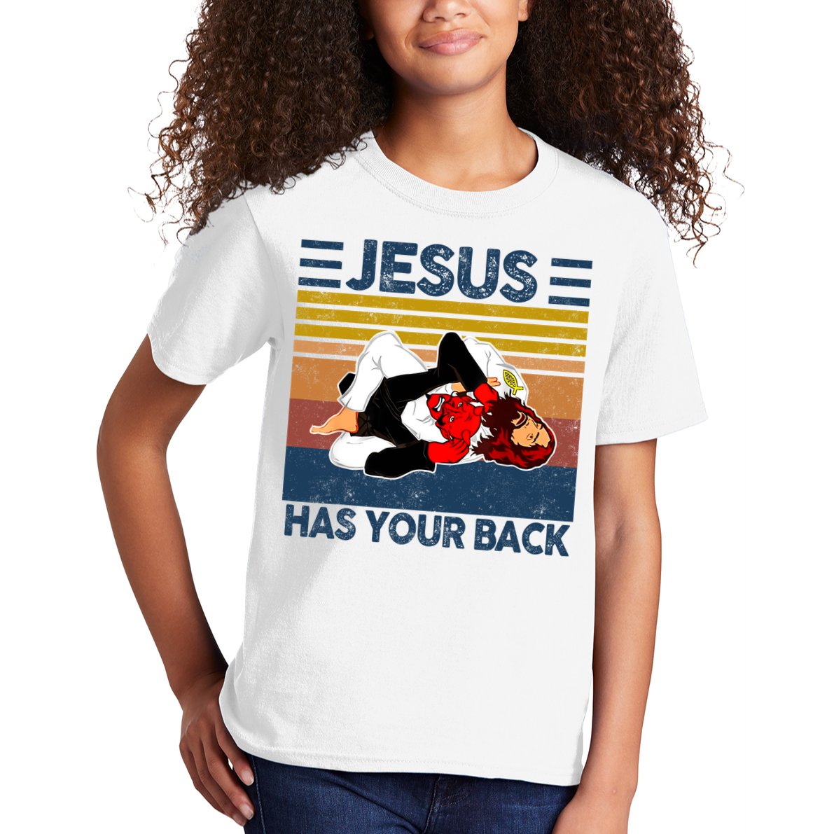 Jesus Has Your Back Vintage JIU JITSU Funny Satan Finished Kids T-Shirt