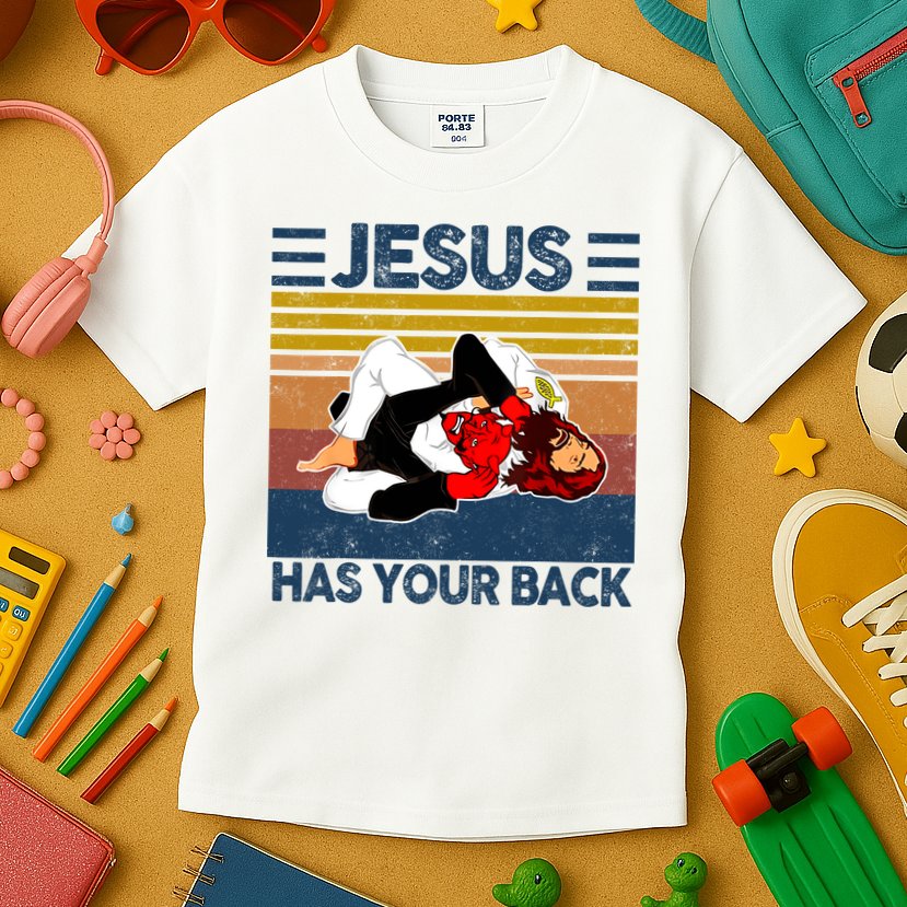 Jesus Has Your Back Vintage JIU JITSU Funny Satan Finished Kids T-Shirt
