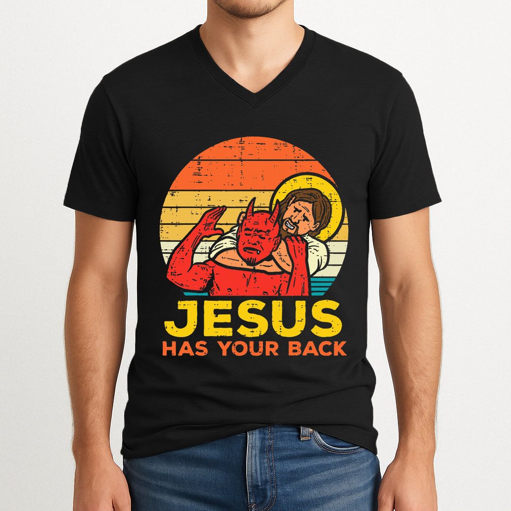 Jesus Has Your Back Jiu Jitsu Retro Christian V-Neck T-Shirt