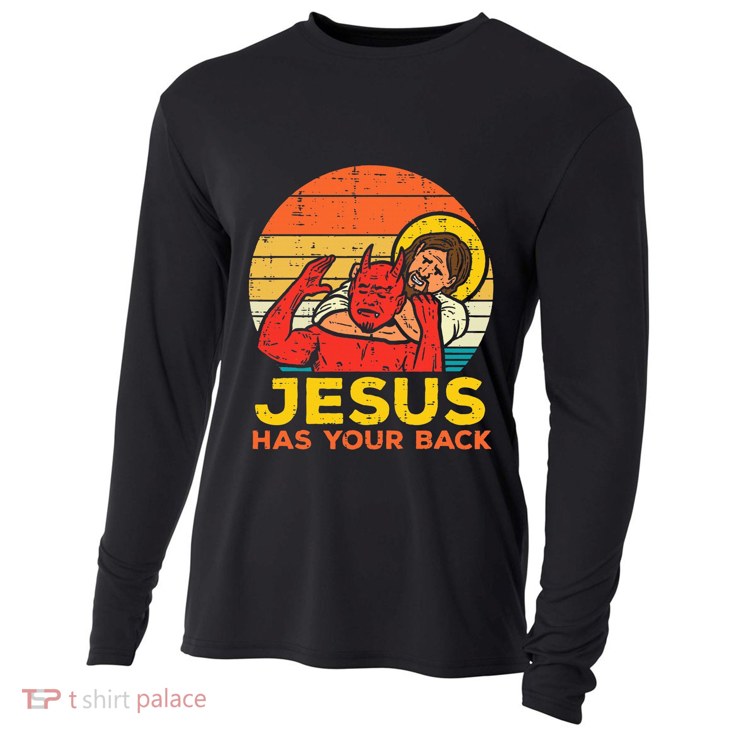 Jesus Has Your Back Jiu Jitsu Retro Christian Cooling Performance Long Sleeve Crew