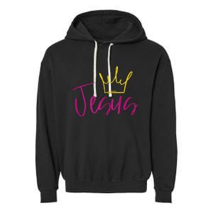 Jesus In Fuchsia Pink Gold Crown Christian Garments Garment-Dyed Fleece Hoodie