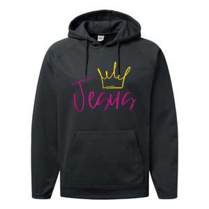 Jesus In Fuchsia Pink Gold Crown Christian Garments Performance Fleece Hoodie