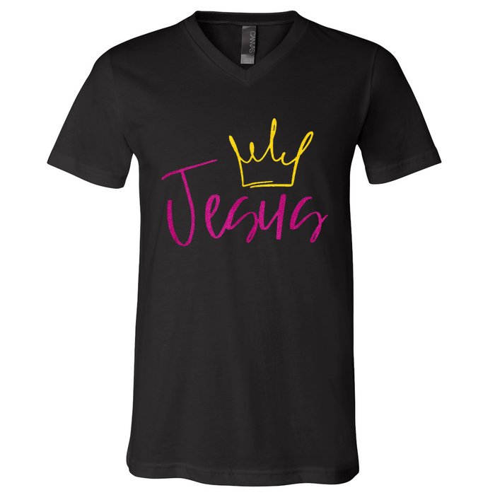 Jesus In Fuchsia Pink Gold Crown Christian Garments V-Neck T-Shirt