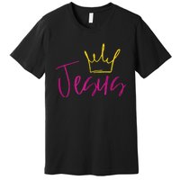 Jesus In Fuchsia Pink Gold Crown Christian Garments Premium T-Shirt