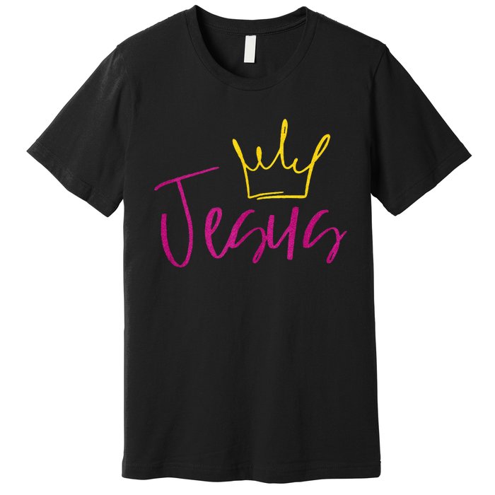 Jesus In Fuchsia Pink Gold Crown Christian Garments Premium T-Shirt