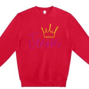 Jesus In Fuchsia Pink Gold Crown Christian Garments Premium Crewneck Sweatshirt