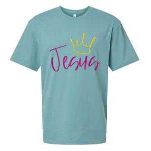 Jesus In Fuchsia Pink Gold Crown Christian Garments Sueded Cloud Jersey T-Shirt