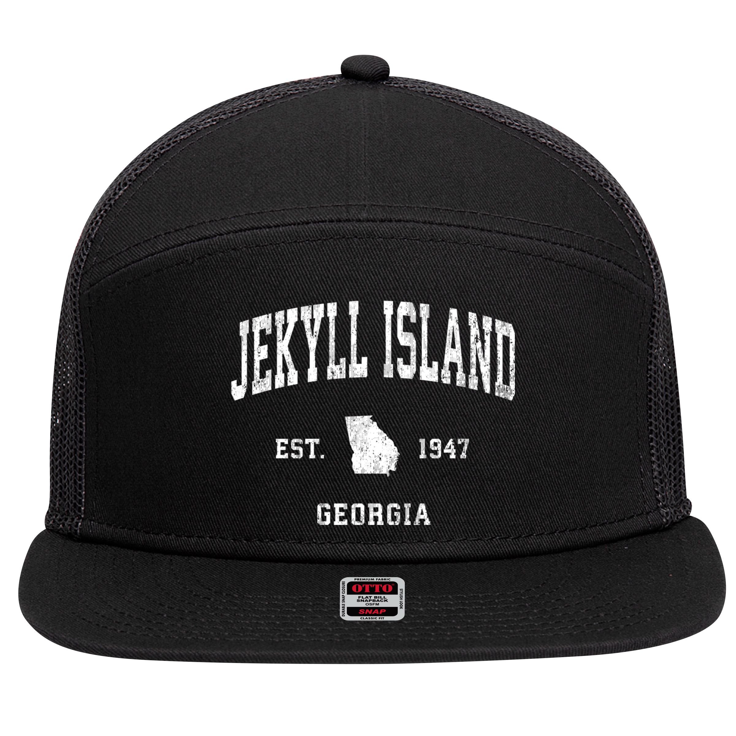 Jekyll Island Georgia Ga Vintage Athletic Black Sports 7 Panel Mesh Trucker Snapback Hat