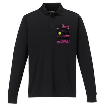 Jesus In Her Heart Softball Hand Funny Pitcher Gift For Her Gift Performance Long Sleeve Polo