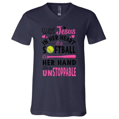 Jesus In Her Heart Softball Hand Funny Pitcher Gift For Her Gift V-Neck T-Shirt