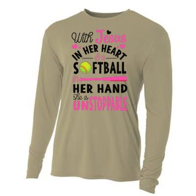 Jesus In Her Heart Softball Hand Funny Pitcher Gift For Her Gift Cooling Performance Long Sleeve Crew