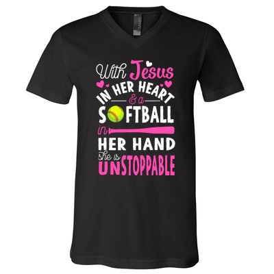 Jesus In Her Heart Softball Hand Funny Pitcher Gift For Her V-Neck T-Shirt