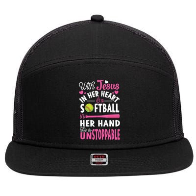 Jesus In Her Heart Softball Hand Funny Pitcher Gift For Her Gift 7 Panel Mesh Trucker Snapback Hat