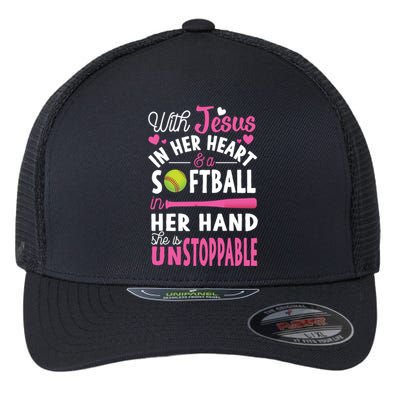 Jesus In Her Heart Softball Hand Funny Pitcher Gift For Her Gift Flexfit Unipanel Trucker Cap