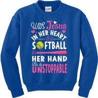 Jesus In Her Heart Softball Hand Funny Pitcher Gift For Her Gift Kids Sweatshirt