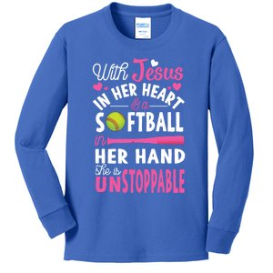 Jesus In Her Heart Softball Hand Funny Pitcher Gift For Her Gift Kids Long Sleeve Shirt