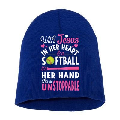 Jesus In Her Heart Softball Hand Funny Pitcher Gift For Her Gift Short Acrylic Beanie